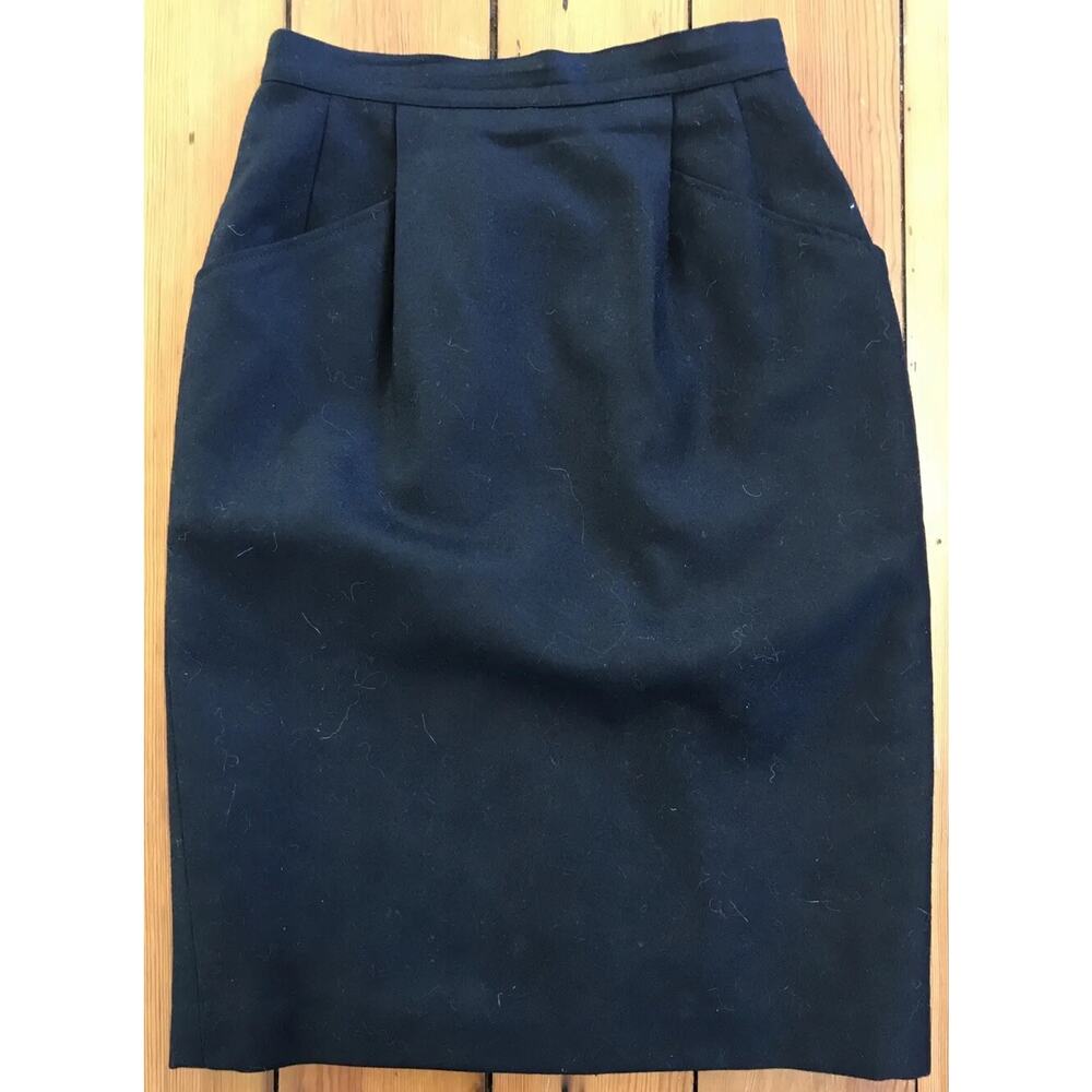 Vintage 80s 90s Black 100% Wool Lined Pencil Skirt w Pockets 27" Waist Small